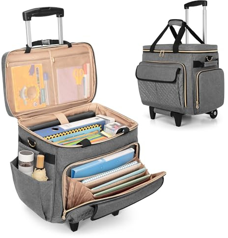 LUXJA Rolling Teacher Bag with Laptop Compartment and Detachable Dolly, Multifunctional Rolling Briefcase with Accordion File Area (Patented), Gray