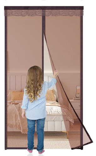 Mosquitera Puerta Magnetica 150x200cm,Cierre Automático, Instalación Fácil Sin Taladrar, para Puertas de Balcón y Patio, Cortina de Malla Fina Anti-Insectos,Marrón