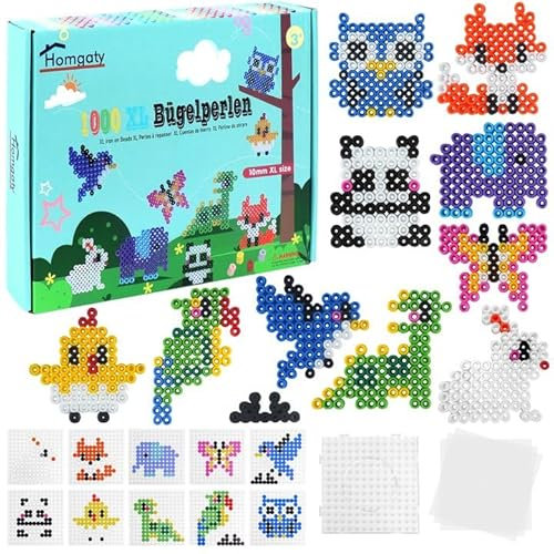 Homgaty Groß Bügelperlen 10mm Set, 1000 Stück XL Steckperlen mit Steckplatte, 10 Tiere Muster, 10 Anhänger und 3 Bügelpapier, Kreatives Perlenset zum Basteln Handwerk für Kinder ab 3 Jahren