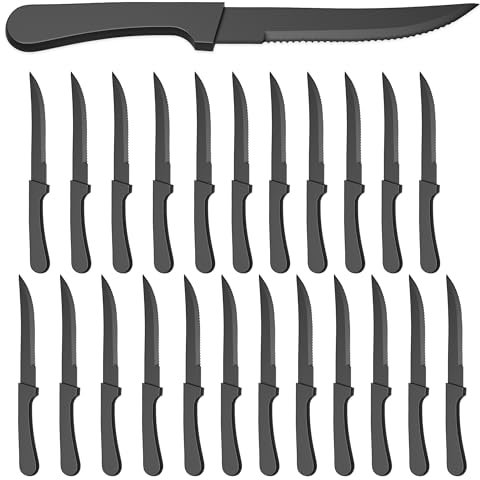 Coltelli da bistecca nero 24 pezzi 22 cm Lame in acciaio inox per impieghi gravosi Design ergonomico e taglio preciso Ideale per grigliate e arrosti