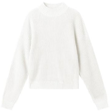 PrinStory Pull Femme Col Ras-du-cou Court Manches Longues Tricot Côtelé, beige, M