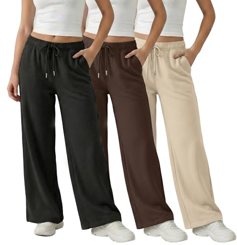 Common Stitch 3 Pack Wide Leg Fleece Lounge Sweatpants for Women — Deep Pockets, Relaxed Fit, Elastic Drawstring Waist