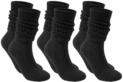 GWAWG 3 Pairs Women's Slouch Sock, Extra Long Scrunch Knee High Sock, Novelty Cotton Knit Socks Fall Winter Boot Socks for Women Girls (UK, Alpha, One Size, Regular, Regular, Black+BLack+Black)