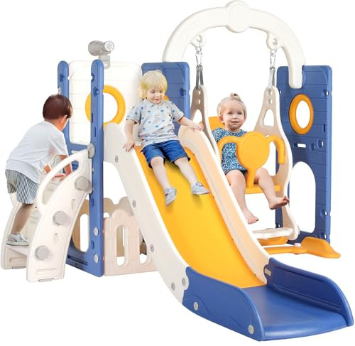 Schaukel Rutsche, 5-in-1 Kinderrutsche mit Schaukel, Klettergerüst, Teleskop, Aufbewahrung, Indoor und Outdoor Freistehende Rutsche, Spielplatz für Kleinkinder, Schaukel Set, für Max 60KG ab 1-6 Jahre