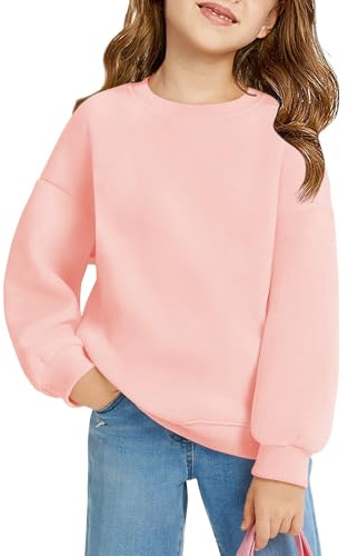 Haloumoning Sweatshirt flicka rund hals överdimensionerad tröja barn lätt sport långärmad tröja enfärgad basic långärmad toppar 5–14 år, ROSA, 9-10 år