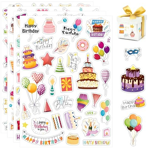 HMCEY 4 Hojas Pegatinas de Cumpleaños,Pegatinas Scrapbooking Bebe,Pegatina Libro Visitas Boda,Happy Birthday Stickers Aesthetic,Pegatina Adhesivas Decorativas,Stickers Album Fotos para Fiesta