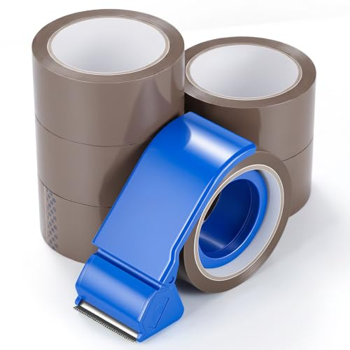 MnexiaPack 6 Rolls Strong Brown Parcel Tape with Dispenser – 48mm x 50m | Tape dispenser included, lightweight & portable, thicker, strong adhesive. For moving boxes, packaging, shipping, storage