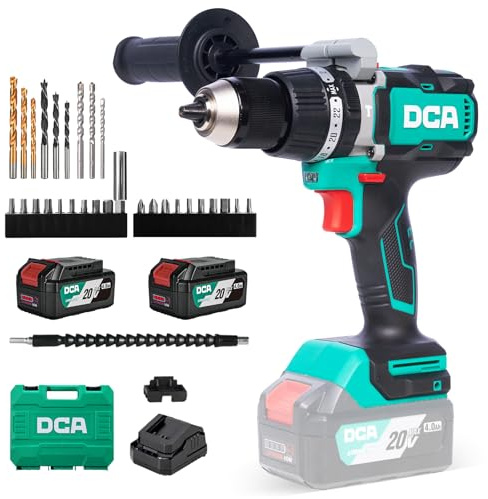 DCA Perceuse-Visseuse à Percussion Brushless 20V, 120 Nm, 2 * 4.0Ah | Mandrin métal 13 mm, embrayage 24+1+1, 32 000 cps/min et 2 batteries 4,0 Ah pour percer et visser brique, métal et bois
