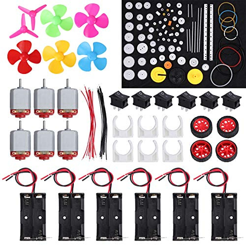 Justech 6 Set DC Motore DIY 1.5-3V 24000RPM Rettangolare +86Pz Ingranaggi Plastica+6 x AA Porta Batteria+Interruttore Elica per Alberi per Progetti Scientifici