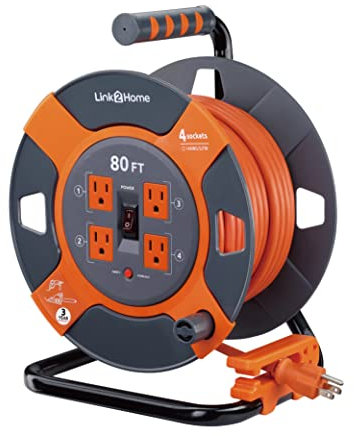 Link2Home Cord Reel 80 ft. Extension Cord 4 Power Outlets – 14 AWG SJTW Cable. Heavy Duty High Visibility Power Cord.