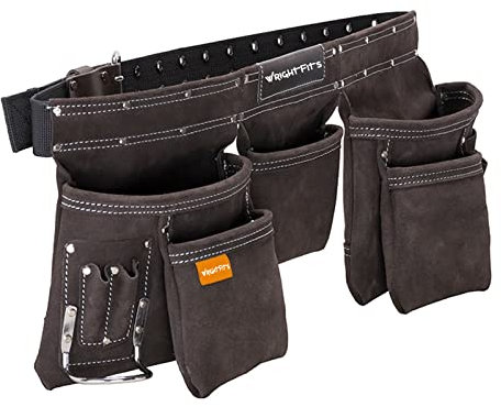 WrightFits Leather Apron Tool Belt, Heavy Duty Tool Pouch with Multi Pockets, Professional Work Pouch for Electricians, Carpenters, Adjustable Waist Storage Organiser, Hammer Loop