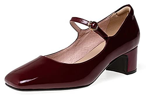 Lutalica W Mary Jane Escarpins rétro en cuir verni avec bout fermé et sangle de cheville pour femme, bordeaux, 39 EU