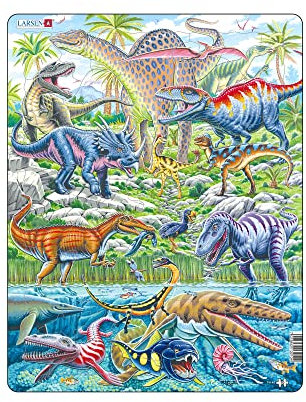 Larsen FH49 Dinosaurier Puzzle, Alter 6–12, 70 Teile, Figuren‑ & Konturteile, Rahmenpuzzle aus Norwegen, Lernspiel prähistorische Tiere