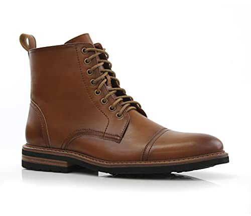 Polar Fox Wright Men's Cap-Toe Dress Boot | Fashion Ankle Boot with Side Zip in Vegan Leather | MPX806067A | in Sienna Brown, Size 10