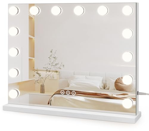 Dripex Specchio da Trucco con Luci, 50x42cm Hollywood da Toeletta con Lampadine a 14 Led Tre Colori di Luce e Funzione di Luminosità Regolabile con Controllo Tattile, Bianco