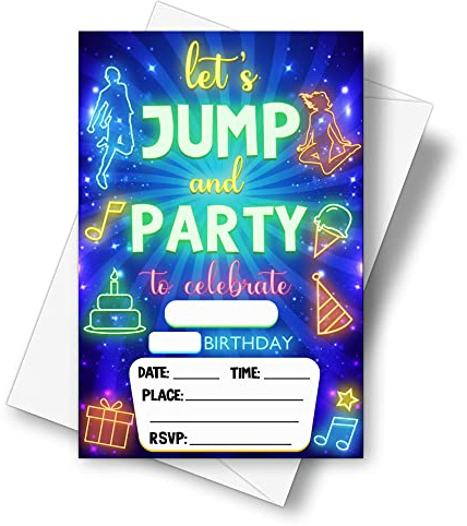 DETIHO 4 x 6 Jump Trampoline Birthday Party Invitation Cards With Envelopes - Let's Jump and Part - Bounce House Party Invitation - 20 Sets - E19