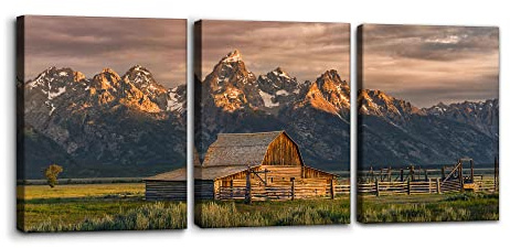 Pacimo Country Paintings for Wall Grand Canyon Picture Art Nature Landscape Artwork 3 Pieces Log Cabin Modern Wall Art Giclee Home Decorations for Living Room Framed Ready to Hang - 12 x 16 x 3
