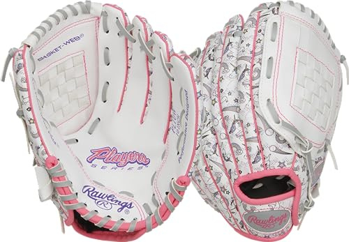 Rawlings Spieler-Serie Softball-Handschuh für Jugendliche, rechte Hand, 25,4 cm, Korbnetz, Weiß/Einhorn