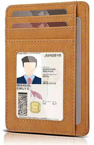 Teskyer Men Card Holder Wallet, Slim Credit Card Wallets, Minimalist, RFID Blocking, 1 ID Window, Holds up to 8 Cards, Suede Light Brown