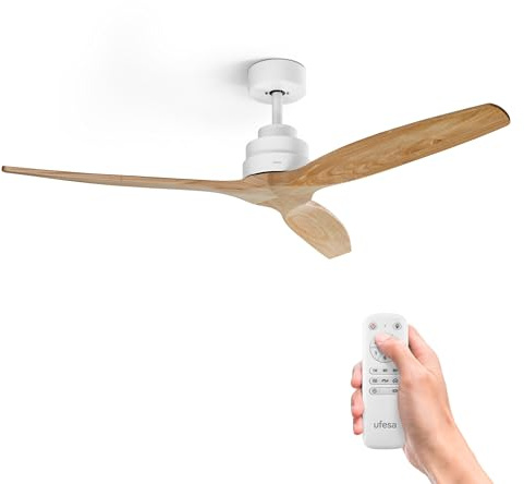 Ufesa Deckenventilator, 40W, 6 Geschwindigkeiten, Ultra Silent, 3 Naturholzflügel 132cm, Sommer - Winter Funktion, 8h Timer, Fernbedienung, Weiß - Helles Holz
