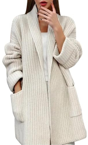 Generisch Chaqueta de punto para mujer de verano corta para mujer, cárdigan grueso de color sólido con cuello en V bolsillos para mujer, chaqueta de lino, manga larga, tiempo libre, cómodo, Blanco, S