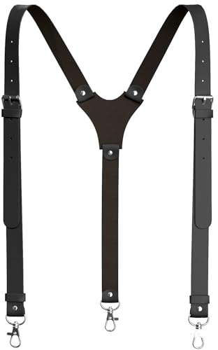 Voolup Tirantes de cuero genuino para hombre, resistentes con clips fuertes, tirantes de cuero para hombre, Negro -, Standard