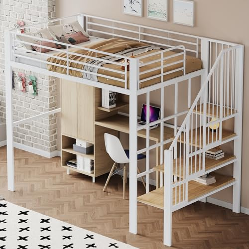 Zepneiy Lit Mezzanine 140 x 200 cm avec généreux rangements sous Le lit, Structure métallique, Blanc (Matelas Non Inclus)