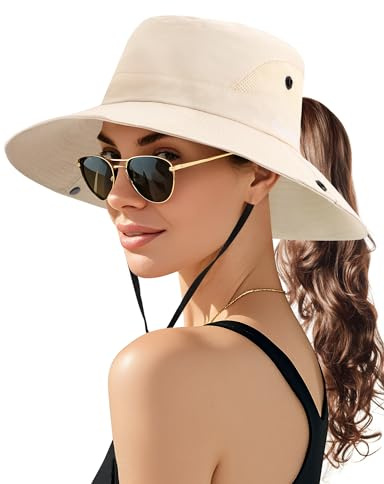 Becellen Cappello da Sole Donna, Protezione UV Cappelli Tesa Larga Traspirante Cappello Estivo da Pesca Safari Pieghevole con Foro per Coda di Cavallo