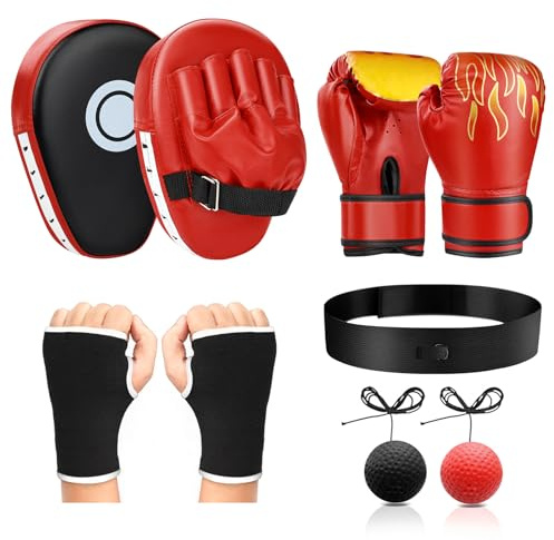 4-in-1 Boxing Gloves and Punching Mitts Set for Boys & Girls, Kids Boxing Gloves Focus Pads with Hand Wraps, Boxing Reflex Ball, Boxing Equipment Set for MMA Karate Muay Thai Taekwondo