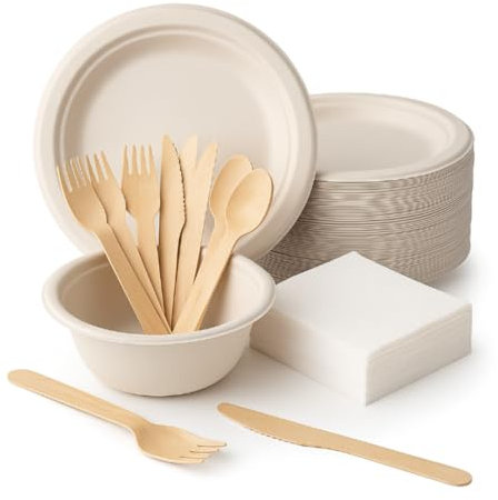 Pack Vajilla Desechable Ecológica para 50 Personas – 350 Piezas Compostables | Platos y Bowls de Caña de Azúcar, Cubiertos de Madera Encerada, 100 Servilletas 20x20 | Biodegradable