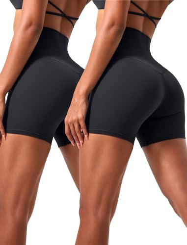 VOENXE - Pantaloncini da ciclista a vita alta da donna, pantaloncini da yoga, traspiranti, per allenamento, corsa, palestra, confezione da 2, Nero, M