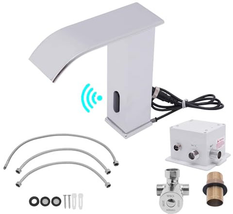 Grifo de baño con sensor infrarrojo automático, grifo de baño sin contacto, mezclador de lavabo de inducción con sensor, altura de caño 145 mm (plata)