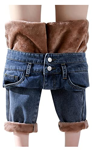 Pantalon thermique d'hiver doublé - Pantalon en jean pour femme - Taille haute - Jean baggy en polaire - Jambes droites - Pantalon sarouel ample - Pantalon sarouel Y2K - Pantalon en polaire moelleuse