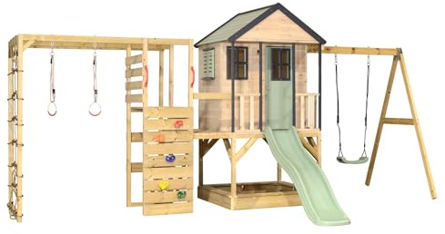 Wendi Toys M50PGN-G Casa con tobogán, columpio y torre de escalada de madera FSC, casa de juegos para niños para exteriores con plataforma 90/120 cm, pared de escalada, red de escalada y arenero, 342