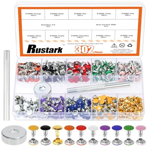 Rustark 300 Sets 10 Colors 8x8MM Leather Rivets Kit Double Cap Rivet Tubular Metal Studs with Setting Tools Kit for DIY Leather Craft Repairs Decoration
