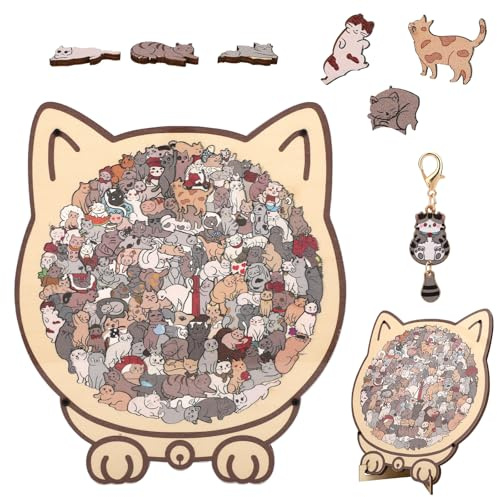 Sinbana 75pcs Cat Shaped Wooden Jigsaw Puzzle, Kitten Wooden Puzzle with Display Stand Keychain Screws Screwdriver Instruction Manual & Board for Adults Cats Lovers Decor