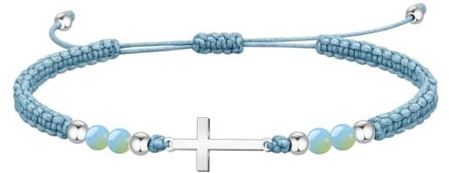 cotigo Pulsera Hilo Encerado con Opalina Natural y Cruz Latina en Acero Inoxidable - Amuleto de Fe, Esperanza y Protección Ajustable - Regalo Original Mujer, Hombre y Niños (Opalina)