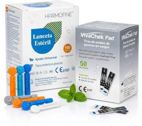 Pack Compatible con Dispositivos VivaChek FAD | 50 Tiras Recambios + 100 Lancetas Harmofine