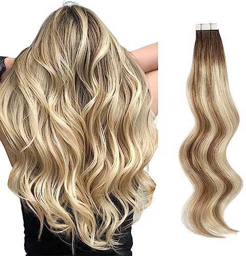 ABH AMAZINGBEAUTY HAIR Extensions Echthaar Tape Doppelseitige Wurzel Highlight Echthaar Extensions Tape In Extensions Remy Menschenhaar Aschbraun Strandblond mit Dunkelbrauner Wurzel R3-8-613 50 cm