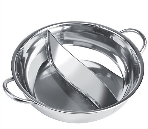 Hot Pot with Divider, Stainless Steel Hot Pot Mandarin Duck Nonstick Chinese Shabu Shabu Hot Pot with Hollow Handle for Induction Cooker Gas Furnace Electric Furnace Ceramic Hob(34CM)