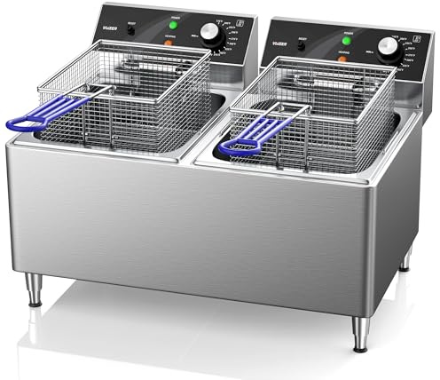 Deep fryer Commercial Deep Fryer 12L x 2/25.4QT Dual Tank Electric Deep Fryers with Basket Electric Countertop Fryer for Restaurant with 2 Frying Baskets, 3300W x 2, 240V Two 6-15 Phase Plugs
