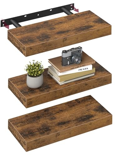 VASAGLE Wandregal, 3er Set, Schweberegal, Regalbrett, 20 x 40 x 3,8 cm, Wandboard für Bilderrahmen, Deko, Regal für Wohnzimmer, Arbeitszimmer, Küche, vintagebraun LWS24BX-3