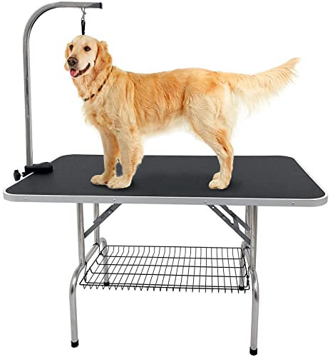 Kalolary 45inch Hunde/Katzen Trimmtisch Schertisch Hundepflegetisch mit höhenverstellbarem Arm, Schlaufe und Gitterablage, Faltbarer robuster Pflegetisch für große Hunde (schwarz)