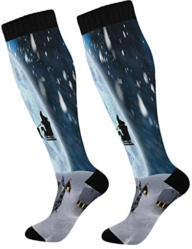 Calze a compressione per donne e uomini Sport calze al ginocchio supporto per corsa, escursionismo, fitness, Babbo Natale, cervo slitta luna