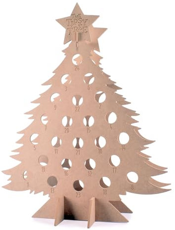 Thornton & France Wooden Advent Tree With 24 Holes | Tipsy Tree Wine Rack for 187mil Wine Bottles or 330ml Beer Bottles | Refillable Empty Advent Calendar For DIY Advent Gifts
