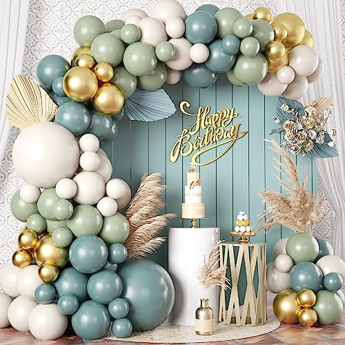 Dusty Sage Green Blue Gold Balloon Arch Kit, 107 PCS Pastel Olive Green Slate Blue Beige Metallic Gold Balloon Garland Kit for Women Men Boho Birthday Wedding Bridal Shower Party Decorations