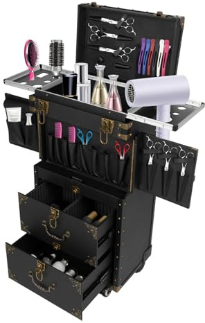 4 cassetti, carrello da parrucchiere, carrello per cosmetici, carrello da salone con asciugacapelli, supporto per barbiere, scuole di barbiere, ecc, Nero , moderno