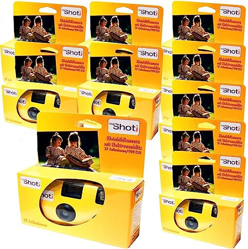 TopShot - Cámara de fotos desechable (10 unidades, 1 A, 27 fotos, flash y pilas), color amarillo