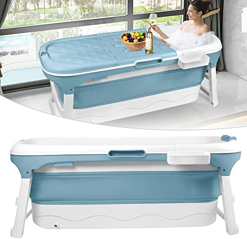 LILIIN Vikbart badkar för vuxna 128 x 62 x 52 cm, fällbart badkar sittbadkar med lock och massagerullar, tvålkorg, tjock plast