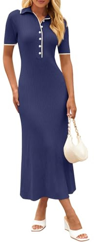 MEROKEETY Women's Spring Summer Ribbed Maxi Dress 2026 Bodycon V Neck Button Short Sleeve Slim Fit Knit Sweater Dresses, Navy, Medium
